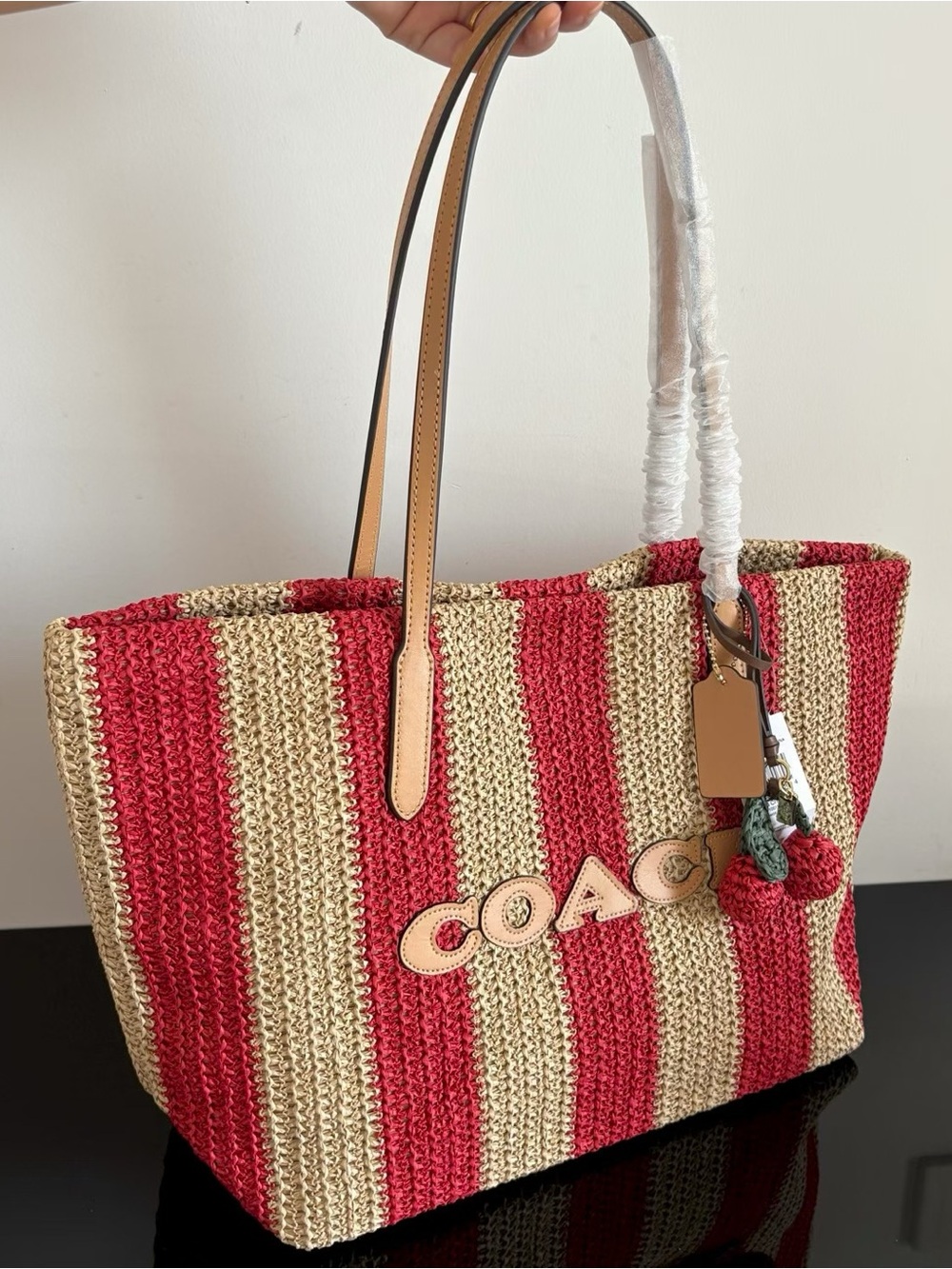 Coach Red and Natural Striped Straw Tote with Leather Handles - Picture 2 of 8